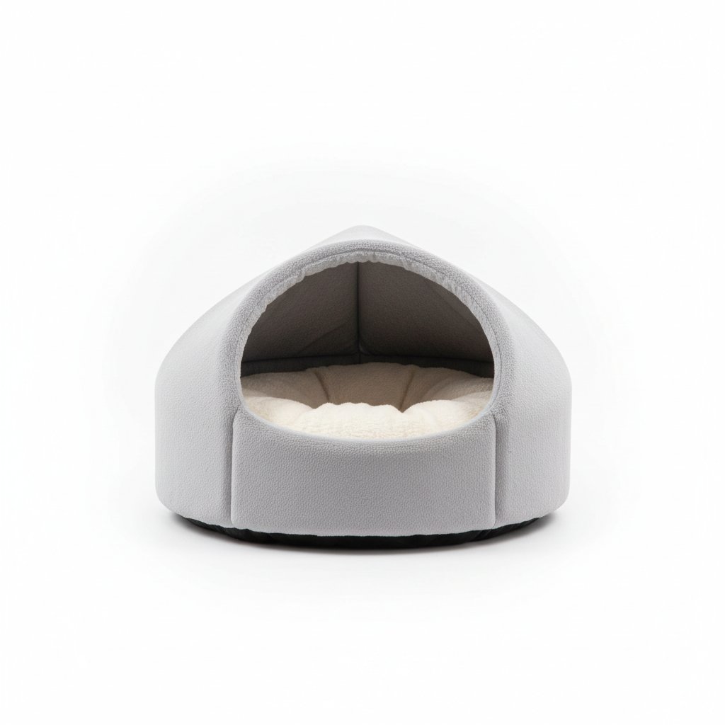 Cozy hooded cat cave bed in soft grey plush