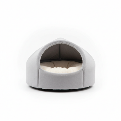 Cozy hooded cat cave bed in soft grey plush